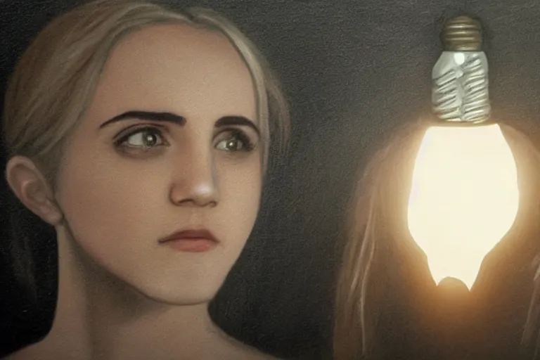 Image similar to a cinematic painting of a lightbulb with emma watsons face in it