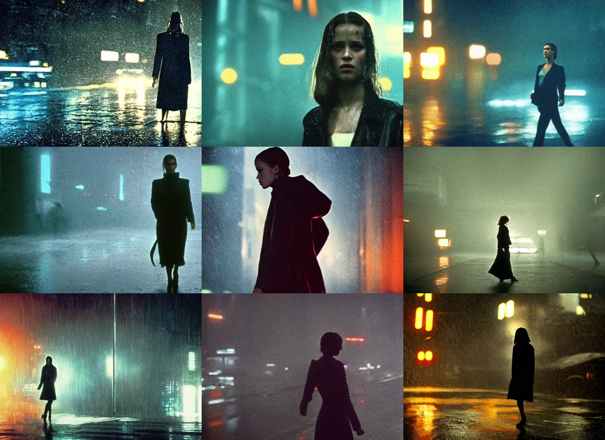 Prompt: A close-up, color outdoor film still of a Alicia Amanda Vikander walking in heavy rain, dynamic backlighting at night, from Blade Runner(1982).