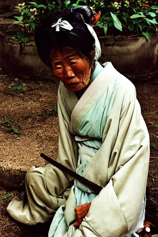 Prompt: photograph of an old japanese woman, photograph by steve mccurry