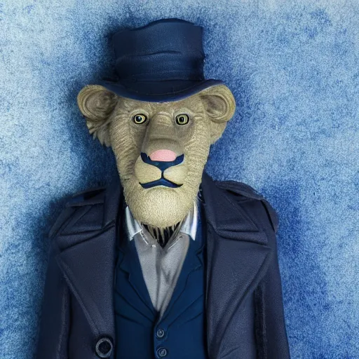 Prompt: poor lion man as a rough dirty old man with a scruffy beard in a dark blue trenchcoat as the new doctor who, cinematic, volumetric lighting, f 8 aperture, cinematic eastman 5 3 8 4 film, photorealistic