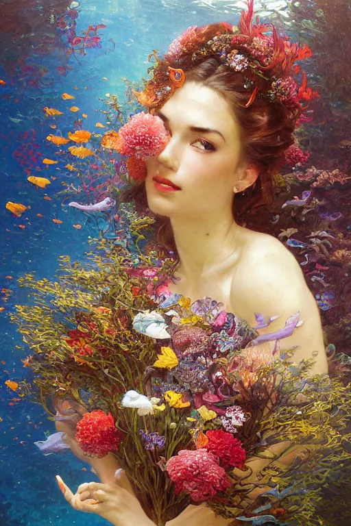 Image similar to portrait of a beautiful mysterious woman holding a bouquet of flowing flowers, hands hidden under the bouquet, submerged underwater filled with colorful small fish and coral reef, fantasy, regal, intricate, by stanley artgerm lau, greg rutkowski, thomas kindkade, alphonse mucha, loish, norman rockwell