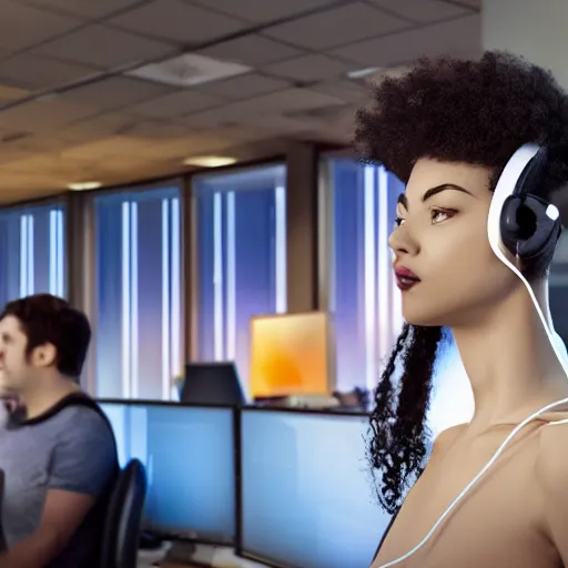 Prompt: photo a robot in a callcenter with a headset with a microphone on, background of humans, photo