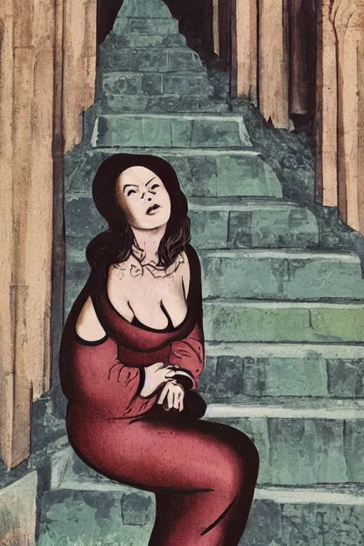 Prompt: plus - sized woman sitting on the stairs of a medieval building, summer, nature, natural light, forest setting, 1 9 6 0 s art, neo - renaissance, pop art, gothic, art nouveau, baroque art, mixed media, by tom wesselman, by mel ramos, by martial raysse, by antonello de messina