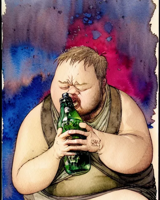 Image similar to a realistic and atmospheric watercolour fantasy character concept art portrait of a fat, chibi quigon jin drinking out of a bottle with pink eyes wearing a wife beater. by rebecca guay, michael kaluta, charles vess and jean moebius giraud