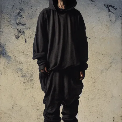 Prompt: a full body portrait of modern day jesus wearing yeezus streetwear hoodie and pants by nicola samori, oil painting, realistic, 8 k, adidas style