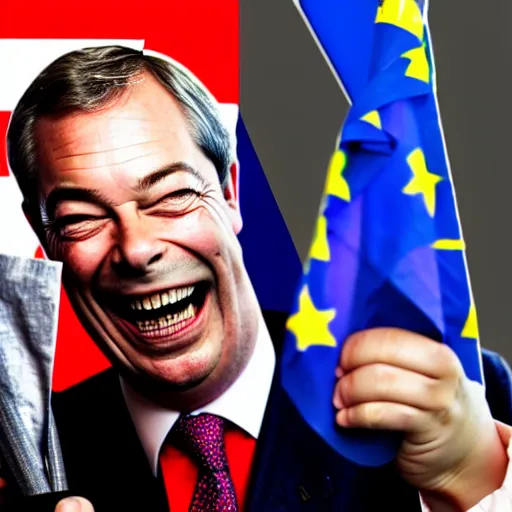 Image similar to nigel farage laughing holding burning eu flag, studio photograph, hd, studio