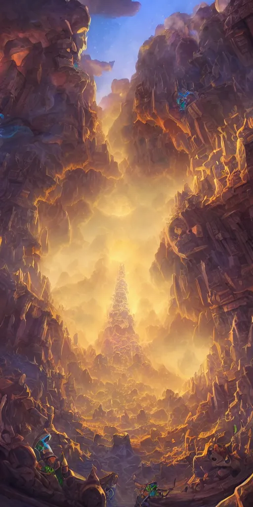 Image similar to hearthstone background, tower of babel, destruction, digital art