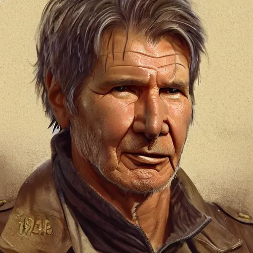 Image similar to a highly detailed epic cinematic concept art CG render digital painting artwork costume design: Harrison Ford, old scars, tired and drunk, in an old 1950s leather jacket. By Greg Rutkowski, Ilya Kuvshinov, WLOP, Stanley Artgerm Lau, Ruan Jia and Fenghua Zhong, trending on ArtStation, made in Maya, Blender and Photoshop, octane render, excellent composition, cinematic atmosphere, dynamic dramatic cinematic lighting, aesthetic, very inspirational, arthouse