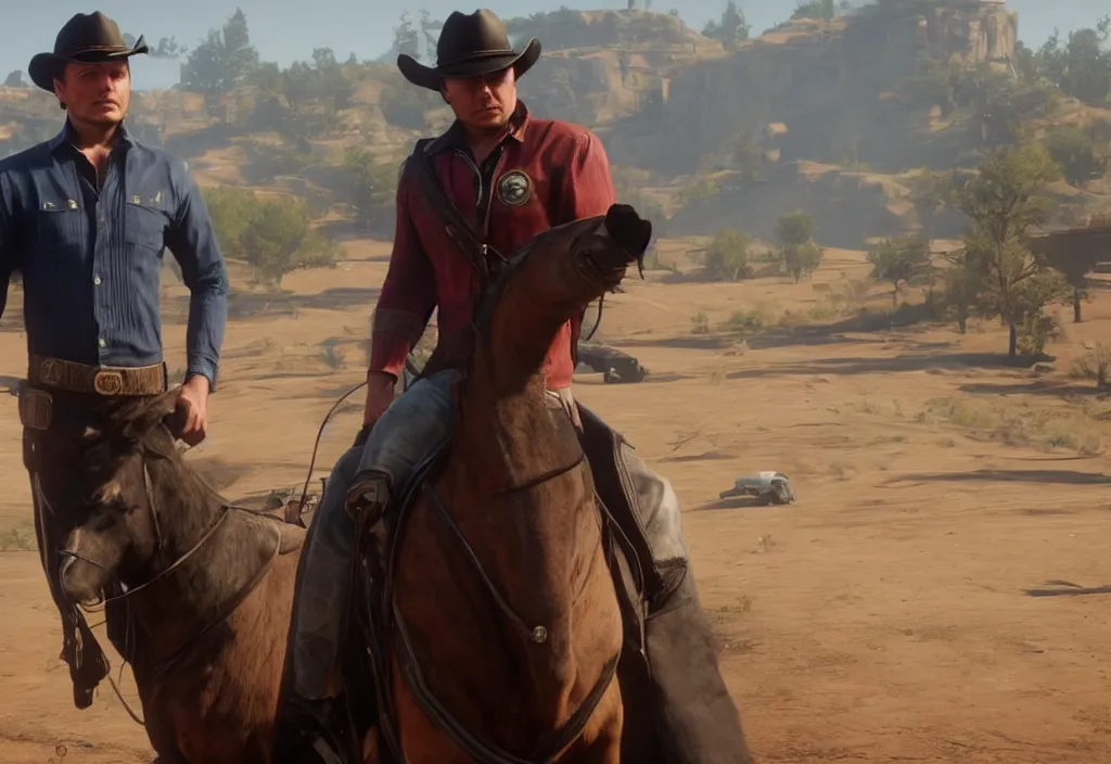 Image similar to elon musk in the red dead redemption 2, elon musk in the video game red dead redemption 2, gameplay screenshot, close up, 3 d rendering. unreal engine. amazing likeness. very detailed.