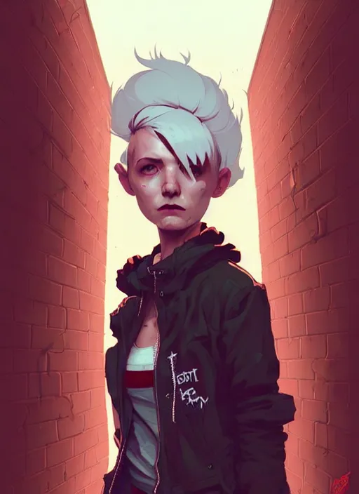 Image similar to highly detailed portrait of a sewer punk canadian lady, tartan hoody, white hair by atey ghailan, by greg rutkowski, by greg tocchini, by james gilleard, by joe fenton, by kaethe butcher, gradient red, brown, blonde cream and white color scheme, grunge aesthetic!!! ( ( graffiti tag wall background ) )