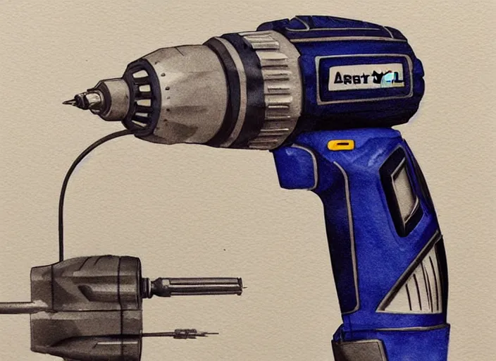 Image similar to concept art of a electril drill tool, pinterest, artstation trending, behance, watercolor, by coby whitmore, silver, laser light,