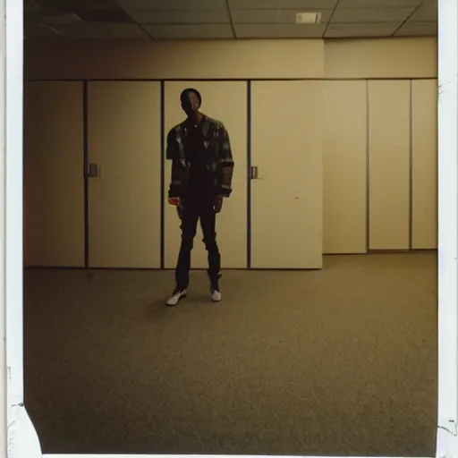 Prompt: A polaroid photograph of Travis Scott standing in an empty endless office space, yellow patterned wallpaper on the walls, moist dirty carpet, unnatural fluorescent warm lights lighting the scene