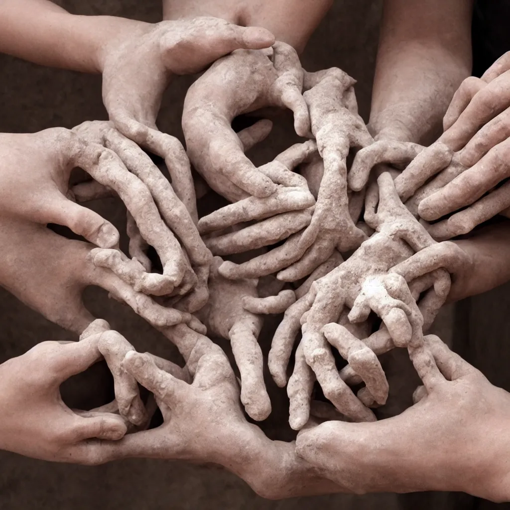 Image similar to spiral of clay forming into human hands, transformation