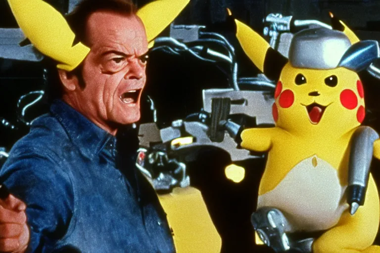 Image similar to Jack Nicholson plays Terminator Pikachu scene where his endoskeleton gets exposed still from the film