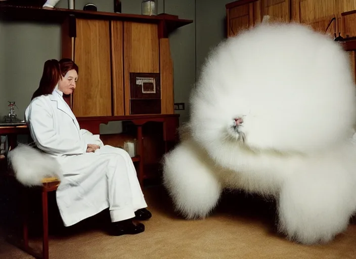 Image similar to realistic photo of a two medieval female scientists wearing white cotton jackets, watching at a levitating fluffy furry cloud, living room laboratory interior is made of wood 1 9 9 0, life magazine reportage photo, natural colors