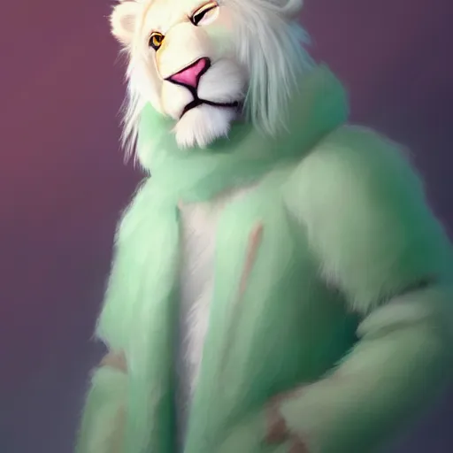 Prompt: aesthetic portrait commission of an albino male furry anthro lion wearing a cute mint colored, cozy, soft pastel winter outfit. winter atmosphere character design by mandy jurgens, irina french, heraldo ortega, rachel walpole, jeszika le vye, and dan volbert.