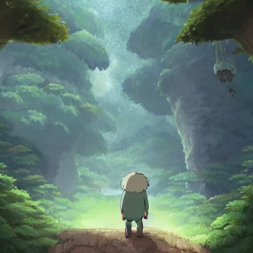 Prompt: friendly guy and small creature , with Fragile looking character portrait face made in Studio Ghibli artstyle ,highly detailed art, beautiful scene, sharp focus, smooth, 8k, anime art, fantasy, style in ghibli anime style, fantasy, island, forest, ghibli animal in 8k