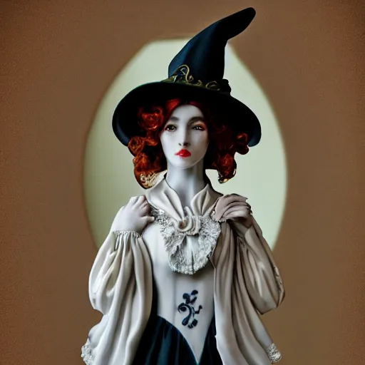 Image similar to beautiful porcelain witch woman with artnouveau garment and ornaments portrait sharp focus 8 k