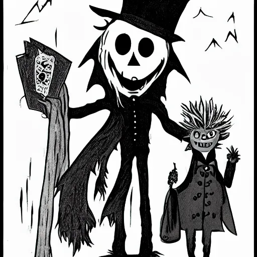 Image similar to a Pop Wonder scary horror themed goofy-hilarious-character Jack-Frost-Babadook-scarecrow-madhatter-williewonka-wearing a scarf, 3-piece-suit, dime-store-comic drawn with charcoal and pen and ink, half-tone-line-stacking