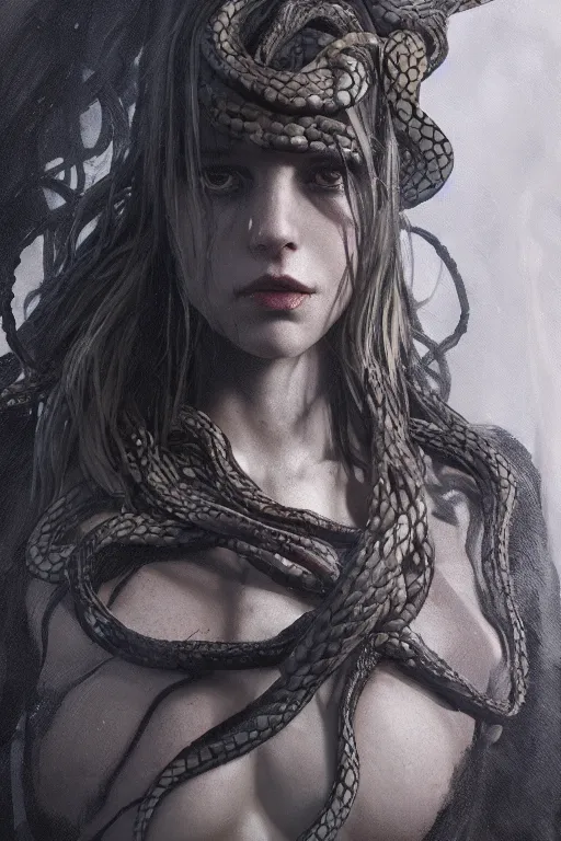 Image similar to A portrait of a monstrous women with snakes around her body by Greg Rutkowski, Sung Choi, Mitchell Mohrhauser, Maciej Kuciara, Johnson Ting, Maxim Verehin, Peter Konig, Bloodborne, 8k photorealistic, cinematic lighting, HD, high details, dramatic, dark atmosphere, trending on artstation