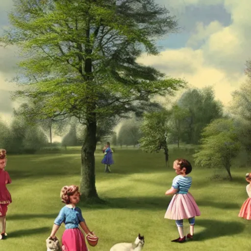 Prompt: digital matte glossy painting nostalgic 1 9 5 0 s children village britain trees cats, detailed in the style of trevor mitchell