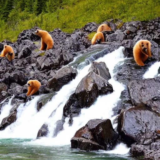 Prompt: hundreds of bears catching a salmon at the top of a small waterfall in alaska, national geographic photo, detailed 4 k