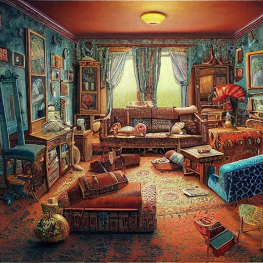 Image similar to a painting of a living room filled with furniture, a surrealist painting by jacek yerka, cgsociety, fantastic realism, surrealist, detailed painting