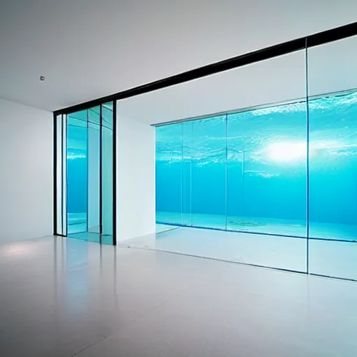 Prompt: large all white room with minimalist architecture and a large glass wall, the glass wall is underwater,