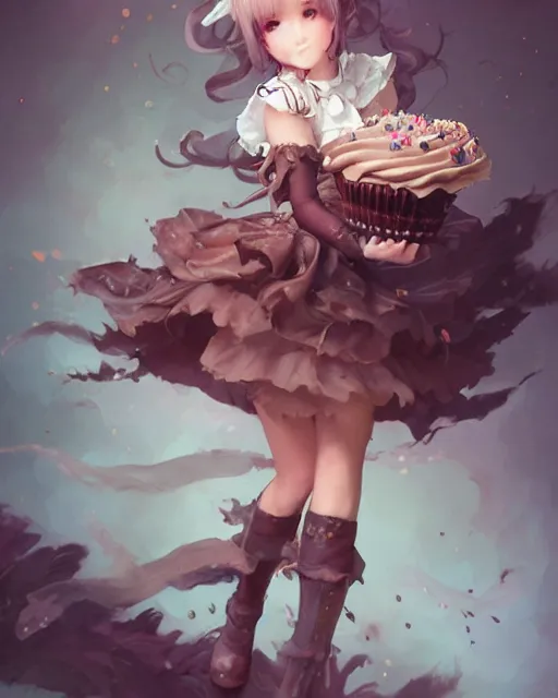 Prompt: a ( girl as personification of chocolate cupcake ), fantasy bakery, digital art by krenz cushart, laurie greasly, wlop, artgerm, intricate, highly detailed, sharp focus, smooth, epic composition, joyful, unreal engine