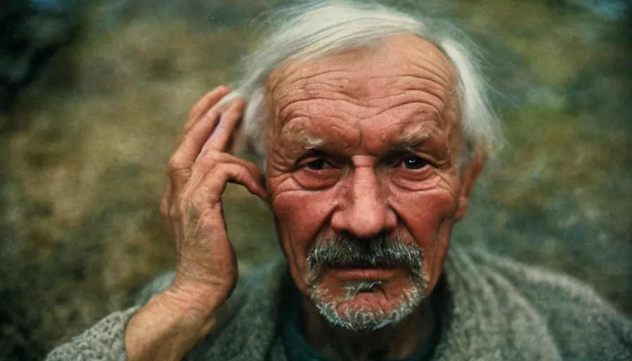 Image similar to movie still by tarkovsky portrait of an old man with trypophobia, cinestill 8 0 0 t 3 5 mm, heavy grain, high quality, high detail