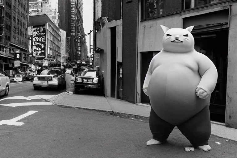 Prompt: Closeup portrait of Snorlax blocking a new york back street, photograph, natural light, sharp, detailed face, magazine, press, photo, Steve McCurry, David Lazar, Canon, Nikon, focus