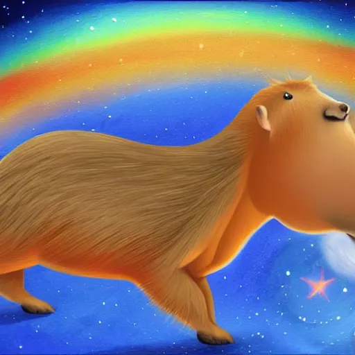 Prompt: digital painting of a boy riding a magical capybara in space