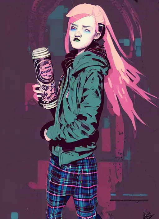 Image similar to highly detailed portrait of a sewer punk lady student, blue eyes, tartan hoody, pink hair by atey ghailan, by greg rutkowski, by greg tocchini, by james gilleard, by joe fenton, by kaethe butcher, gradient green, black, brown and magenta color scheme, grunge aesthetic!!! ( ( graffiti tag wall background ) )