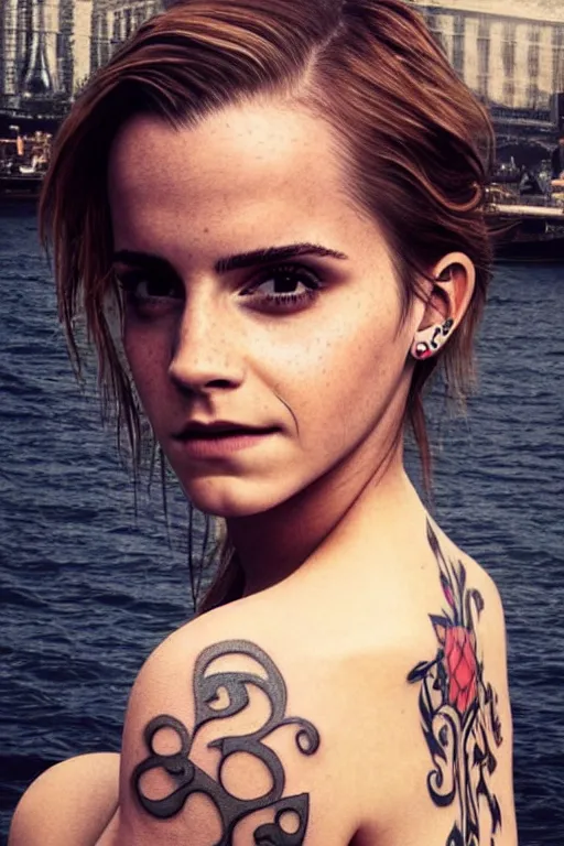 Image similar to emma watson, dope tattoo, hyperrealistic