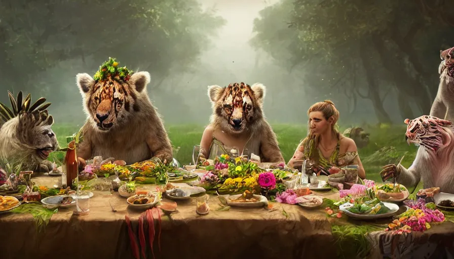 Image similar to a table dinner of exotic animals where animals are dressed like the characters from the midsommar movie wearing flowers, realistic detailed digital art by maxwell boas jessica rossier christian dimitrov anton fadeev trending on artstation cgsociety rendered in unreal engine 4 k hq