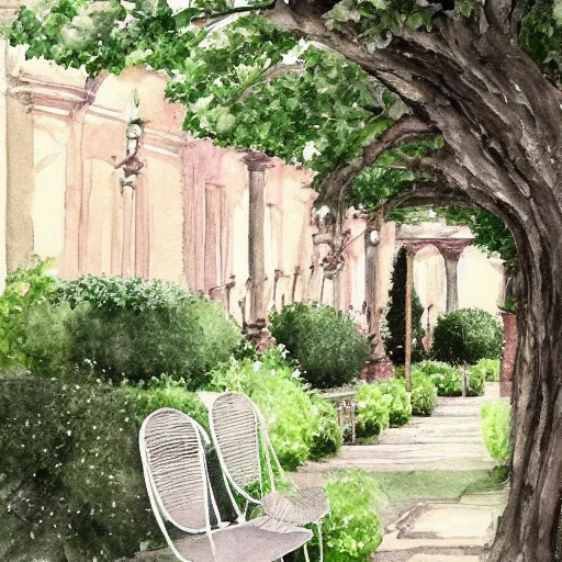 Image similar to delicate queen, chairs, garden, paved, botanic watercolors, iridescent, 8 k, realistic shaded, fine details, artstation, italian, iron gate, tree, mediterranean, marvelous