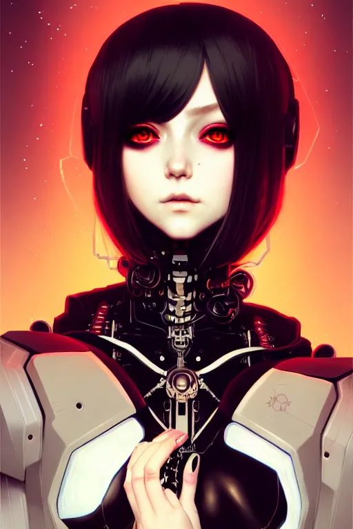 Image similar to portrait of beautiful young gothic cyborg anime maiden, cute-fine-face, pretty face, realistic shaded Perfect face, fine details. Anime, cyberpunk, Warhammer, highly detailed, artstation, illustration, art by Ilya Kuvshinov and Gustav Klimt
