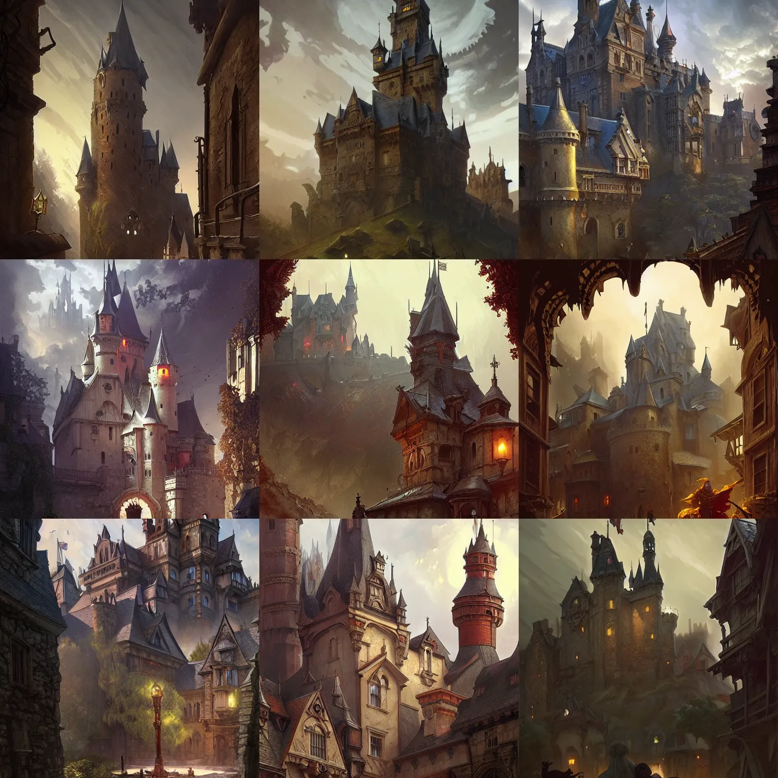 Prompt: castle and town, horror, dnd, highly detailed, smooth, sharp focus, chiaroscuro, digital painting, artgerm and greg rutkowski and alphonse mucha