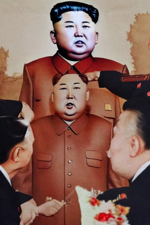 Prompt: kim jong - un is put on a stalin mask, photo in color