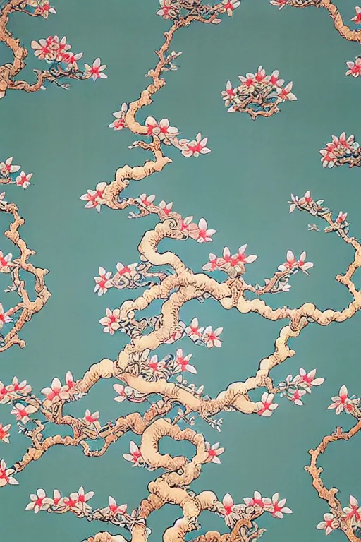 Prompt: Chinoiserie floral bonsai wallpaper by James Jean