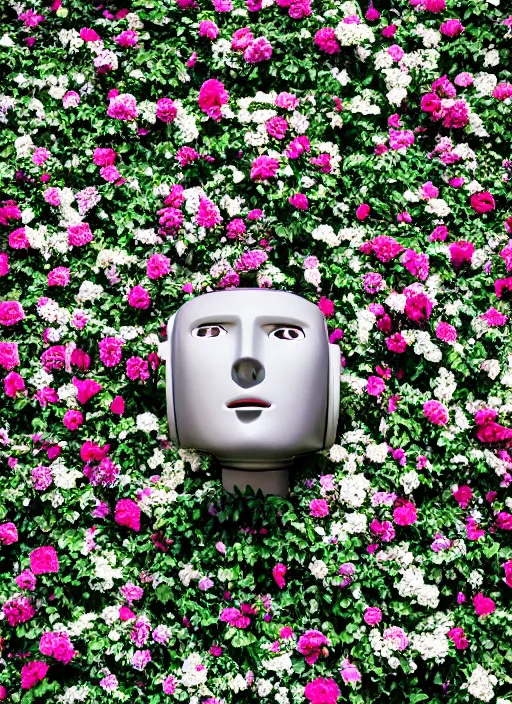 Image similar to a portrait photograph of a robot head in front of a wall of flowers designed by Balenciaga, 35mm, pentax, studio