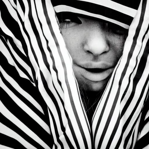 Prompt: black and white photography of a face and hands pushing outward from behind a high contrast black and white striped thin sheet