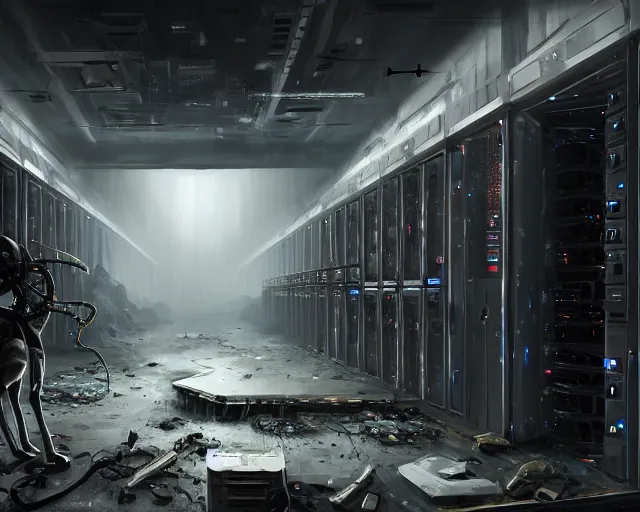 Image similar to spot boston dynamics in gloomy ruined server room in datacenter painting concept art of colossus, sharp focus, emitting diodes, smoke, artillery, pacing, computers, racks, motherboard, by pascal blanche rutkowski artstation detailed matte painting, 4 k resolution