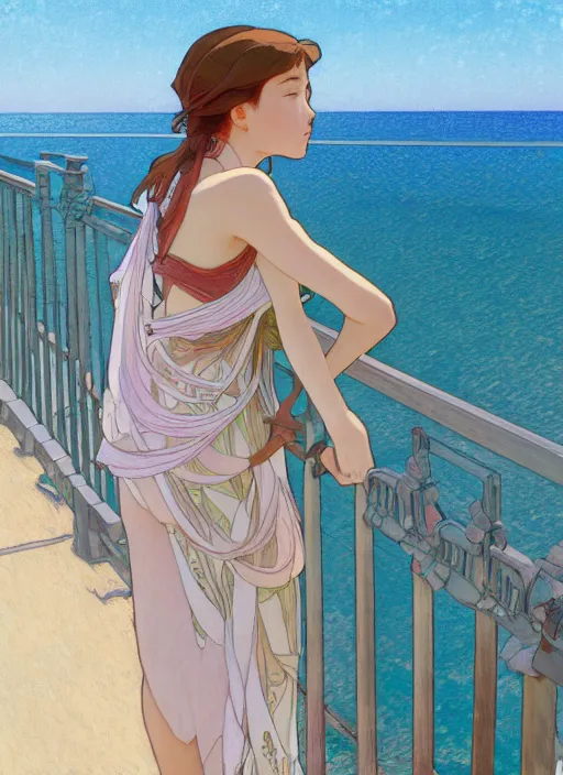 Image similar to pretty young woman leaning against the railing at the beach, path traced, highly detailed, high quality, digital painting, by studio ghibli and alphonse mucha, leesha hannigan, makoto shinkai, disney