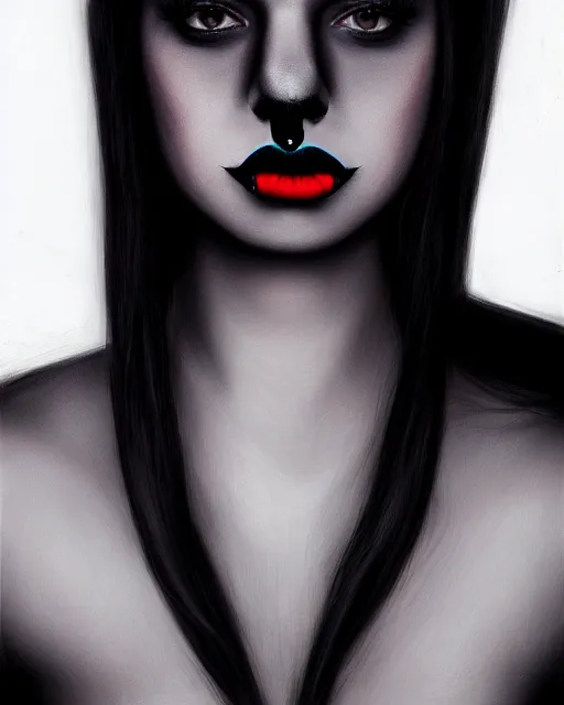 Image similar to realistic portrait of a woman with black lipstick, dark, facing camera, photo realistic, detailed, 1 4 5 0, delicate, hyper realism, ultra realistic, 8 k