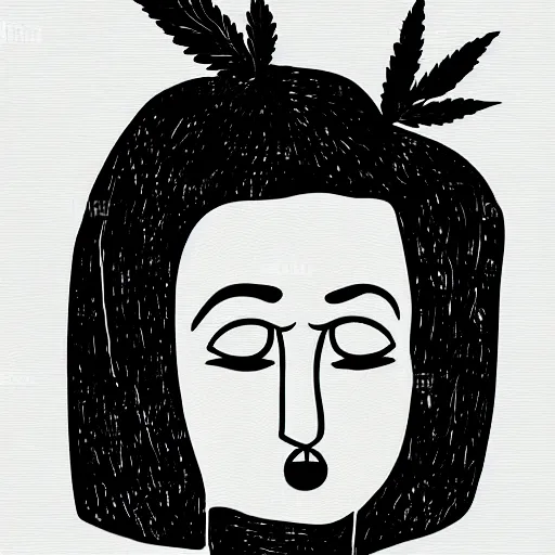 Image similar to hand - drawn minimalistic line portrait of woman with round face, short nose, small round eyebrows, wide lips and kind green eyes with cannabis leaf inside, black and white, pictogram, ink, pencil