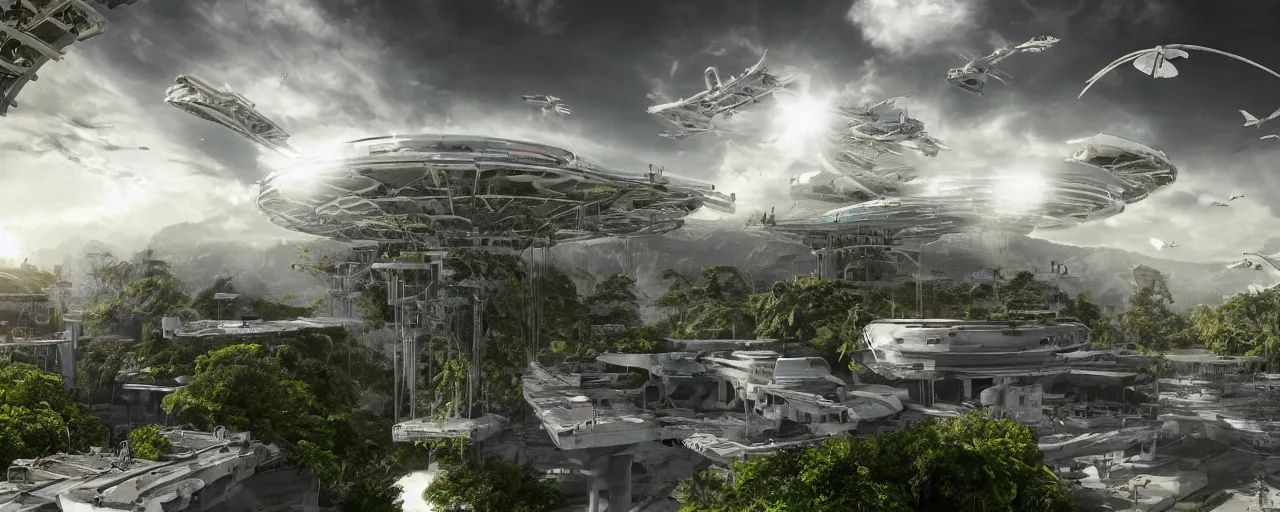 Prompt: massive structures, solarpunk architecture, white metal, hanging gardens, sunshine, clouds, dramatic lighting, colorful birds, spacecraft, trending on Artstation, 8k, highly realistic, hyper detailed, unreal engine 5, IMAX quality, realistic, cinematic, epic lighting, realistic, in the style of starktrek TNG, masterpiece