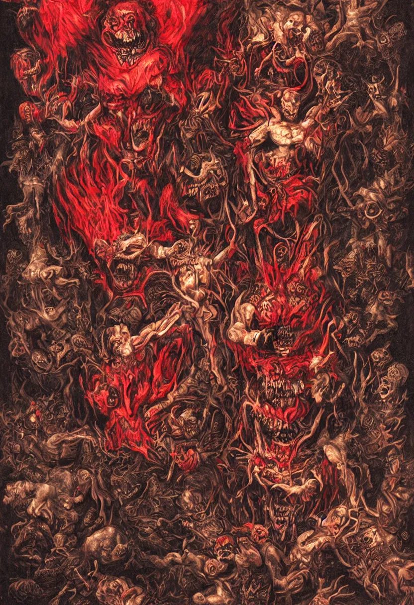 Image similar to alpine herpes of world domination, sun god, death god, hell, smile, monster teeth covered in red, dark and mysterious, full body, rococo, cinematic, epic, very detailed, full body