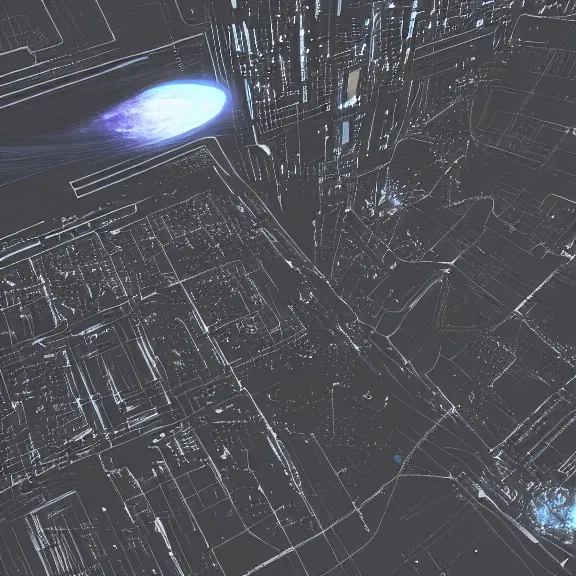 Prompt: a matte drawing of a cyberpunk city planet, highly detailed surface, taken from outer space. Circuitboard-like designed planet. Digital art, space art.