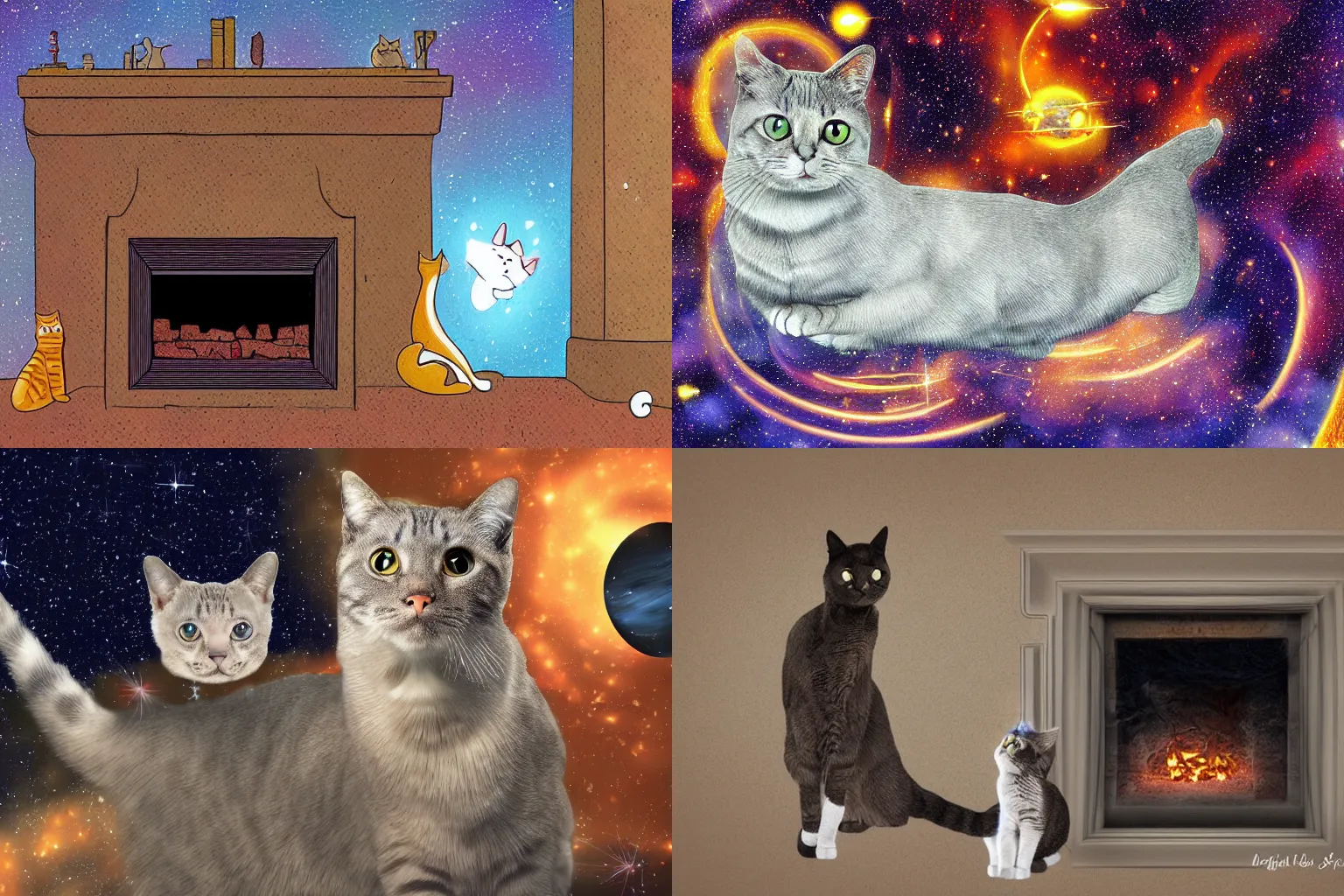 Prompt: A cat above the fireplace in space, digital art